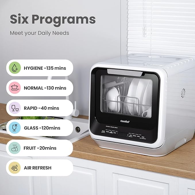 COMFEE' Portable Mini Dishwasher Countertop with 5L Built-in Water Tank for Apartments& RVs, No Hookup Needed, 6 Programs, 360° Dual Spray, 162℉ High-Temp& Air-Dry Function-CubbioJoy