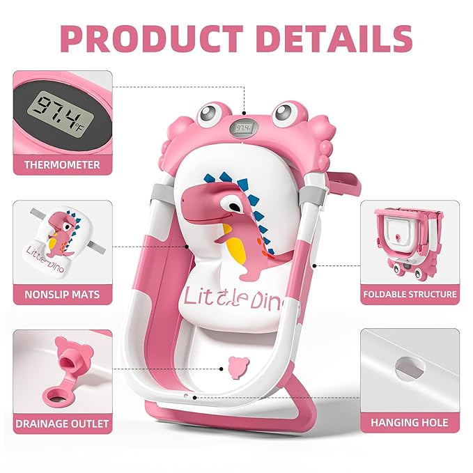 Collapsible Baby Bathtub for Newborns to Toddler with Real-time Temp Monitor & Floating Cushion,Portable Travel Tub for 0-36 Month, Foldable Baby Bath Tub for Infants Girl (Pink)-CubbioJoy