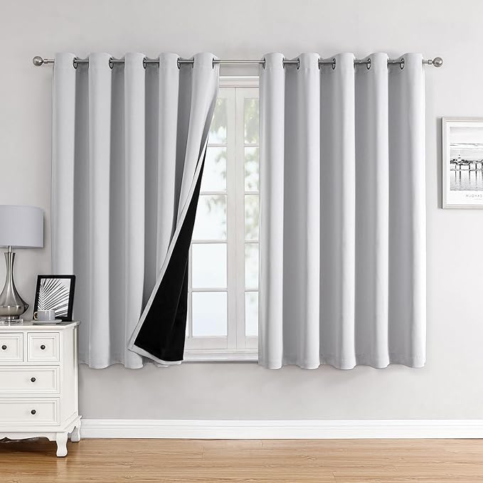 ChrisDowa 100% Blackout Curtains 63 inch Long for Bedroom with Black Liner, Extra Wide 2 Layers Total Blackout Thermal Insulated Grommet Window Curtains 2 Panels Set (Greyish White, 60 x 63 Inch)-CubbioJoy