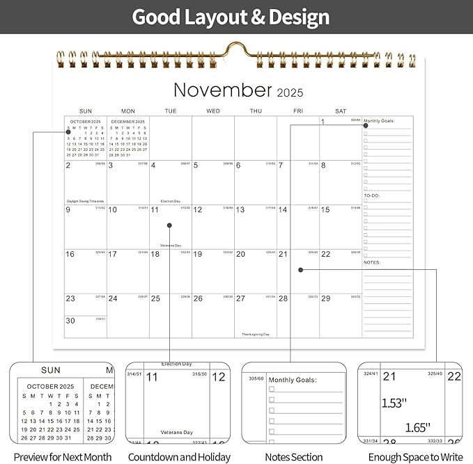 Calendar 2025-2027 22 Monthly Wall Calendar Runs from September 2025 until June 2027 Spiral Binding Hanging 11.5" x 14.7" Thick Paper with Julian Dates and Block for School Office（Simplicity）-CubbioJoy