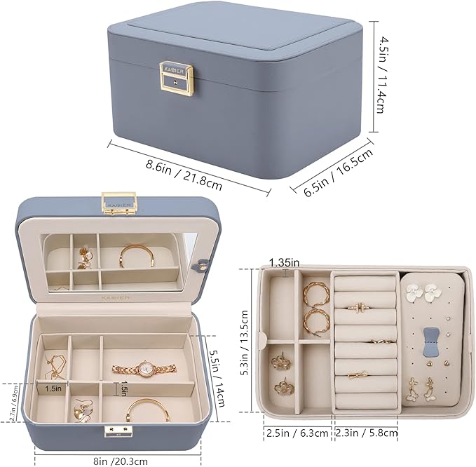 KAMIER Jewelry Organizer Box, 2 Layers PU Leather, Large Capacity, Double Lock and Large Mirror, Hidden Necklace Hooks, Removable Dividers, Gift Box Packaging,Bluish Grey-CubbioJoy