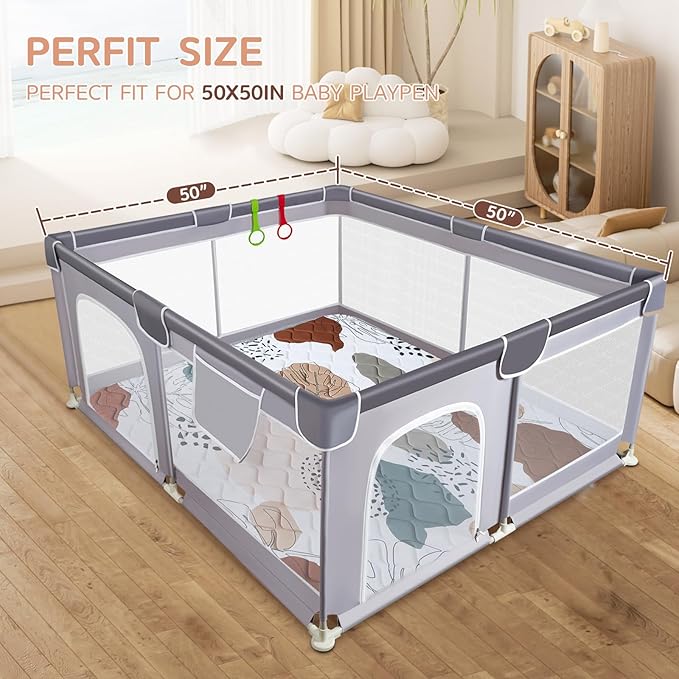 Baby Play Mat - Thicken 50x50 Inch Soft Foam Crawling Mat for Playpen & Floor, Non-Slip Waterproof Activity Playmats for Infants & Toddlers, Portable Foldable & Machine Washable, Boho Design-CubbioJoy