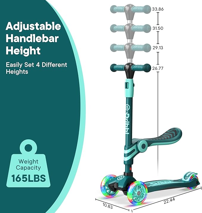 Aqua 3 Wheel Scooter with Seat for Kids – Light-Up LED Wheels, Adjustable Handlebar and Seat, Smooth PU Wheels, Wide Anti-Slip Deck, Rear Foot Brake – Toddler Outdoor Toys for Ages 2+-CubbioJoy