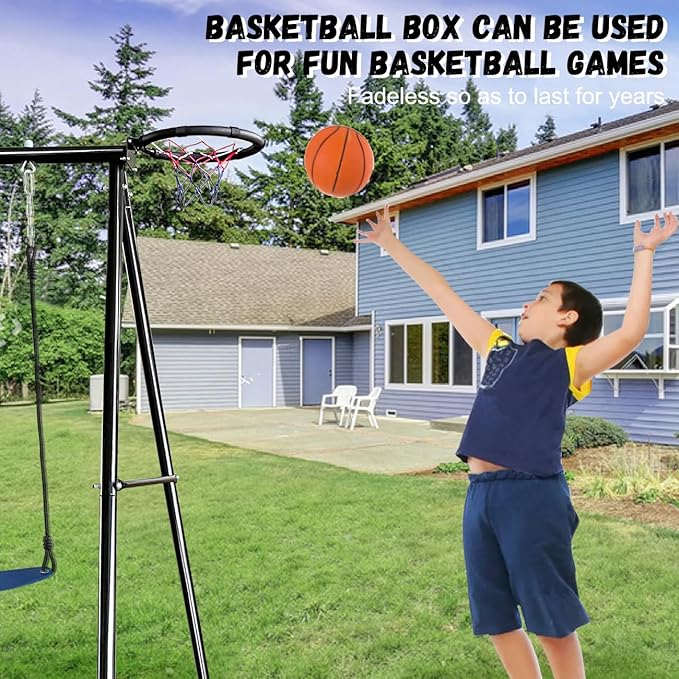 4-in-1 Heavy Duty Swing Set for Backyard – Large Metal Frame with Saucer Swing, Sandbox, Basketball Hoop & Single Swing Seat | Toddler to Kids Play Equipment | Outdoor & Indoor Use | Kids Gift-CubbioJoy