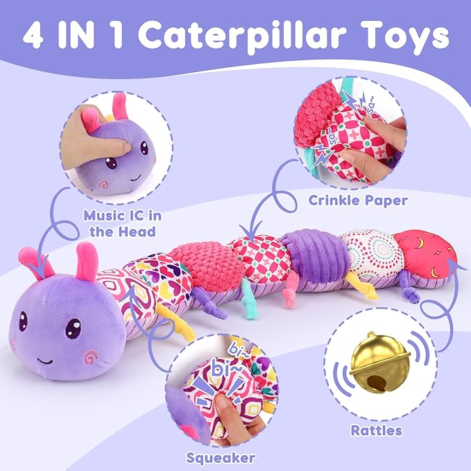 Baby Girl Toys 0-3-6 Months Musical Stuffed Animals Plush Caterpillar Toy with Crinkle Rattles Tummy Time Sensory Learning Toys for Infants 6-9-12 Months Newborn Girls Boys Essentials Shower Gifts 1-CubbioJoy