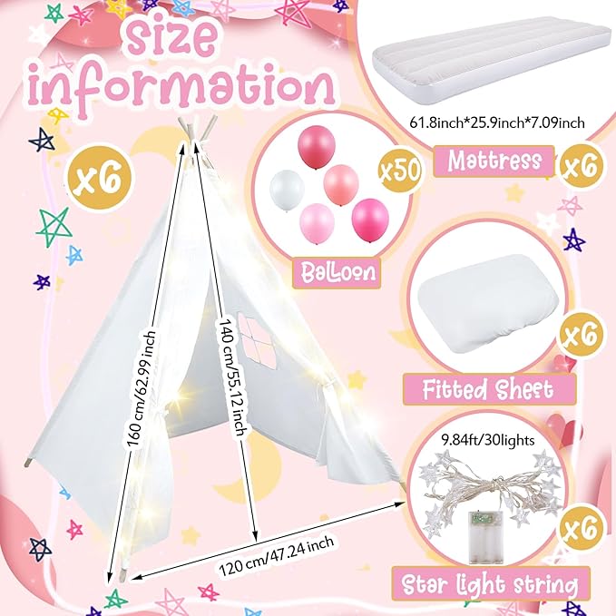 6 Pack Sleepovers Teepee Tent for Kids Bulk with Mattress Sheet Light,Natural Cotton Washable Indoor Play Tent for Birthday Slumber Party Girls Boys Pajama Movie Night Supplies(White)-CubbioJoy