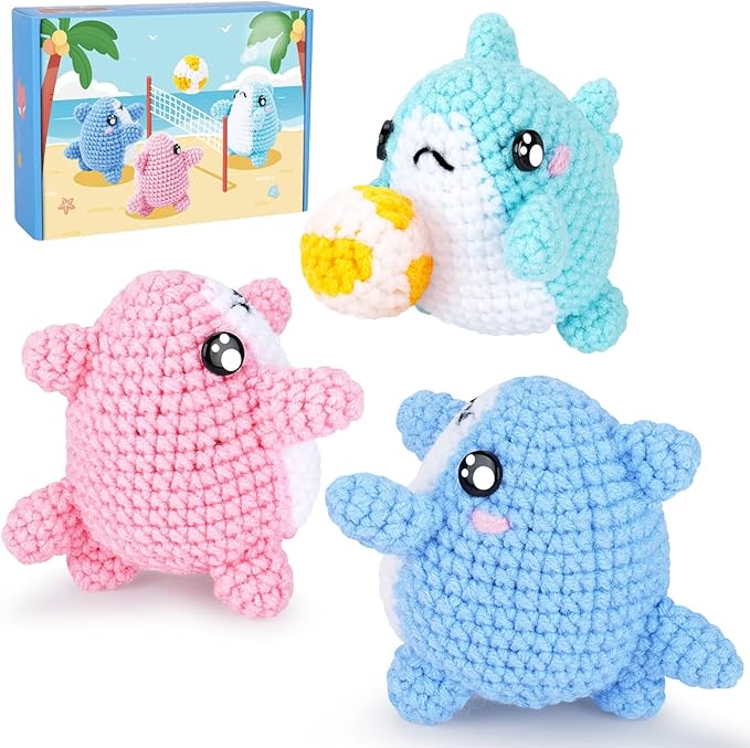 Crochet Kit for Beginners -3 PCS Sharks with a Ball Crochet Kit with Step-by-Step Video Tutorials, Beginner Crochet Kits for Adults Kids, Crochet Animal Kit, Shark Beach Party Crocheting Set-CubbioJoy