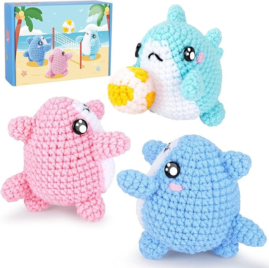 Crochet Kit for Beginners -3 PCS Sharks with a Ball Crochet Kit with Step-by-Step Video Tutorials, Beginner Crochet Kits for Adults Kids, Crochet Animal Kit, Shark Beach Party Crocheting Set-CubbioJoy