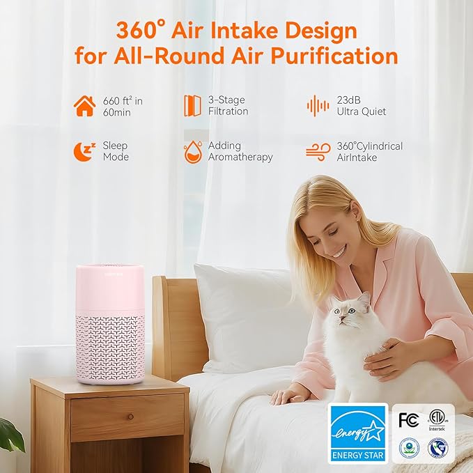AIRROMI Pets Air Purifier for Home Allergies,Up to 660 ft².Yellow Deodorizing Activated Carbon Filter,With Fragrance Sponge for Better Sleep,Night Light,Pet Dander,Smoke,Odors,Air Cleaner A2002 Pink-CubbioJoy