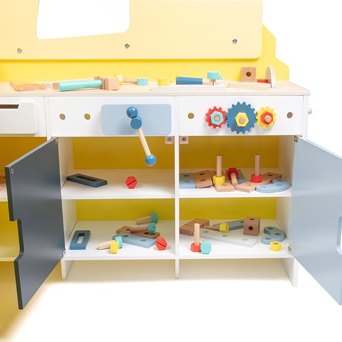 Construction Truck Wooden Playset w 60+ Toy Pieces- Pretend Hammer Saw Bolts & Screws- Spinning Turn Saw, Steering Wheel, Wood to Pull Apart- Dual Sided Play Stand Center, Workbench Building Kids Gift-CubbioJoy