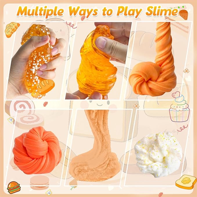 6 Packs Gradient Orange Slime Kit - Cloud Slime, Butter Slime & Clear Slime, Crunchy Slime for Kids with Various Slime Add-ins, Non Stick Slime Party Favors for Girls and Boys, 360ml Kids Slime(Bread)-CubbioJoy