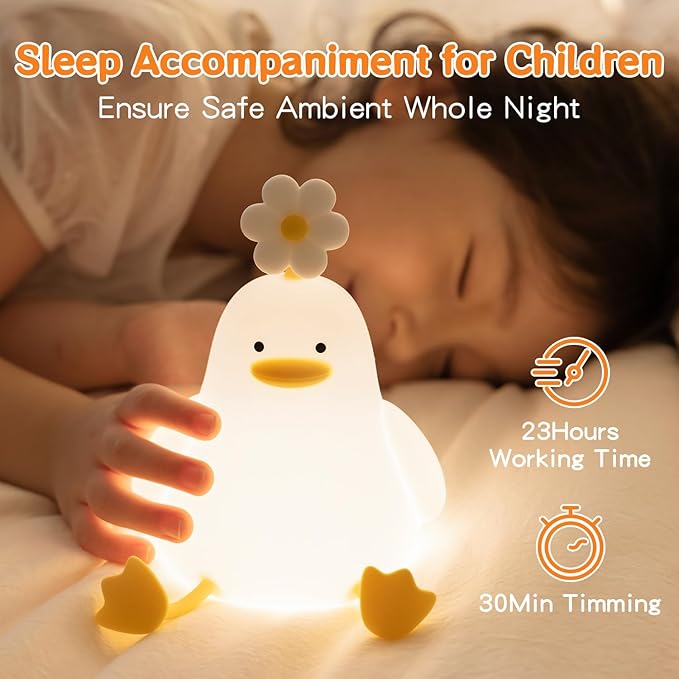 Cute Duck Night Light for Baby, Kids, Toddler, Ambient Nursery Nightlight, Soothing Lamp 3 Level Dimmable, Sleeping Accompanion for Bedroom Bedside, Rechargeable Battery, 30 Min Timer Off-CubbioJoy