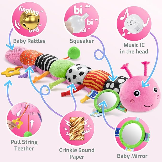 Sumobaby Baby Toys 0-6 6-12 Months,Music Caterpillar Plush Toy with Baby Mirror, Pull String&Crinkle Rattle,Infant Sensory Toys,Tummy Time for 0-3-6-12 Month Boys Girls Newborn Gifts (Pink-Branch)-CubbioJoy