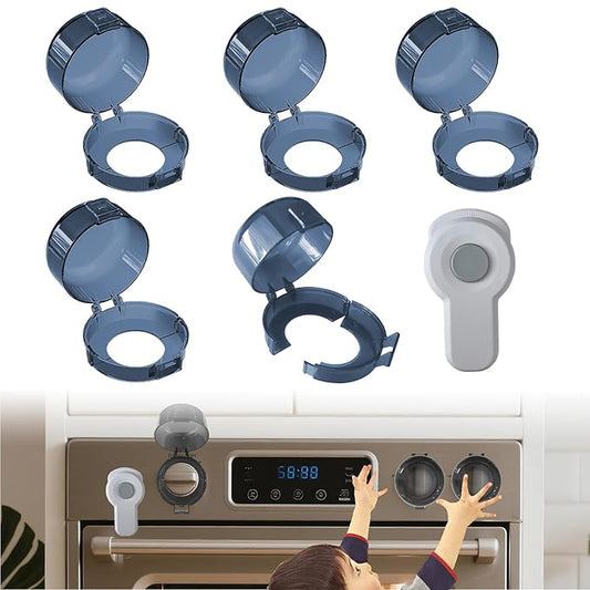 5+1 Packs Stove Knob Safety Covers, Childproof Oven Door Lock, Double-Key Design and Universal Size, Water Resistant Oil Resistant and High Temperature Resistant, for Home Kitchen Kids Pets Childproof-CubbioJoy