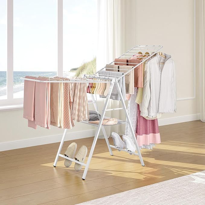 APEXCHASER Drying Rack for Clothing Foldable, Metal Laundry Rack Collapsible, Ultra Thin Gullwing Clothes Airer with Adjustable Height for Towel Baby Clothes Indoor Outdoor Laundry Room, White-CubbioJoy