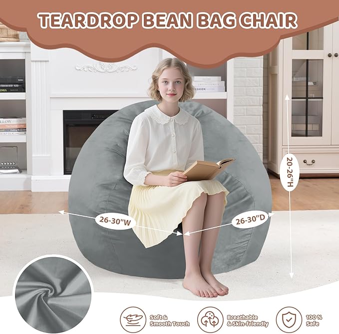 2FT Bean Bag Chair, Comfy Bean Bag Chairs with Memory Foam Filled, Fluffy Beanbag Sofa with Dutch Velvet Cover, Teardrop BeanBag Chairs for Living Room, Playroom - Light Grey-CubbioJoy