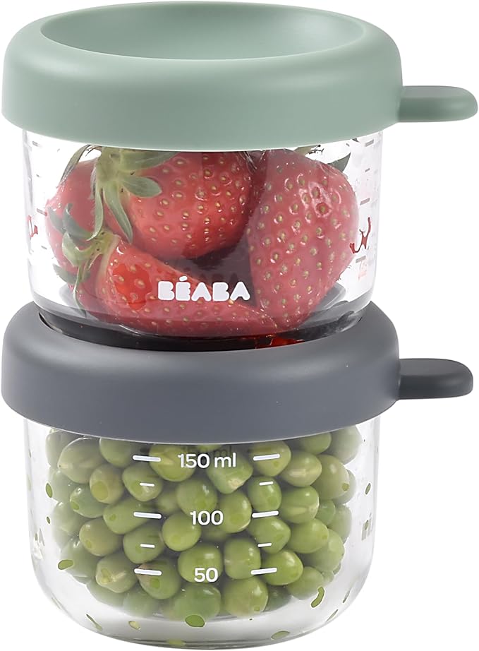 Beaba 2 Pack Glass Baby Food Jars, Freezer, Sterilizer, and Dishwasher Safe, 5 oz Baby Food Storage Jars with Silicone Air Tight Lid, Mineral/Sage-CubbioJoy