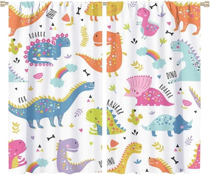 Cartoon Dinosaur Curtains for Kids Boys Girls Home Decor Childish Cute Dino Animals Print Pattern Rod Pocket Blackout Window Drapes for Nursery Baby Bedroom Playroom W36xL63in 2 Panels-CubbioJoy