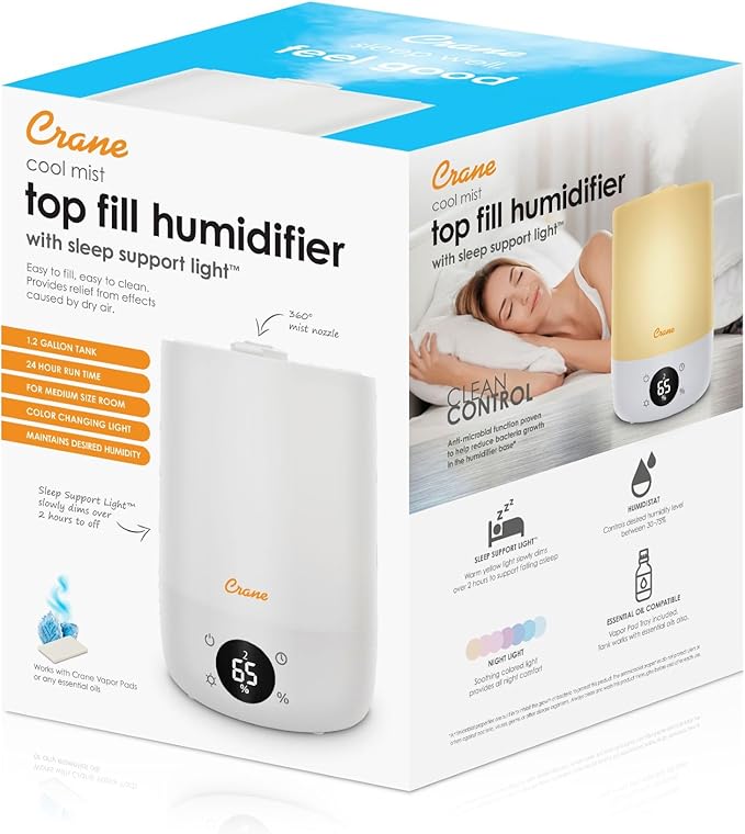 Crane Ultra-Quiet 3-in-1 Humidifier, Essential Oil Aroma Diffuser & Soothing Sleep Light - Compact 1.2 Gallon Capacity with Adjustable Night Light & Fragrance Tray - Ideal for Bedroom and Office-CubbioJoy