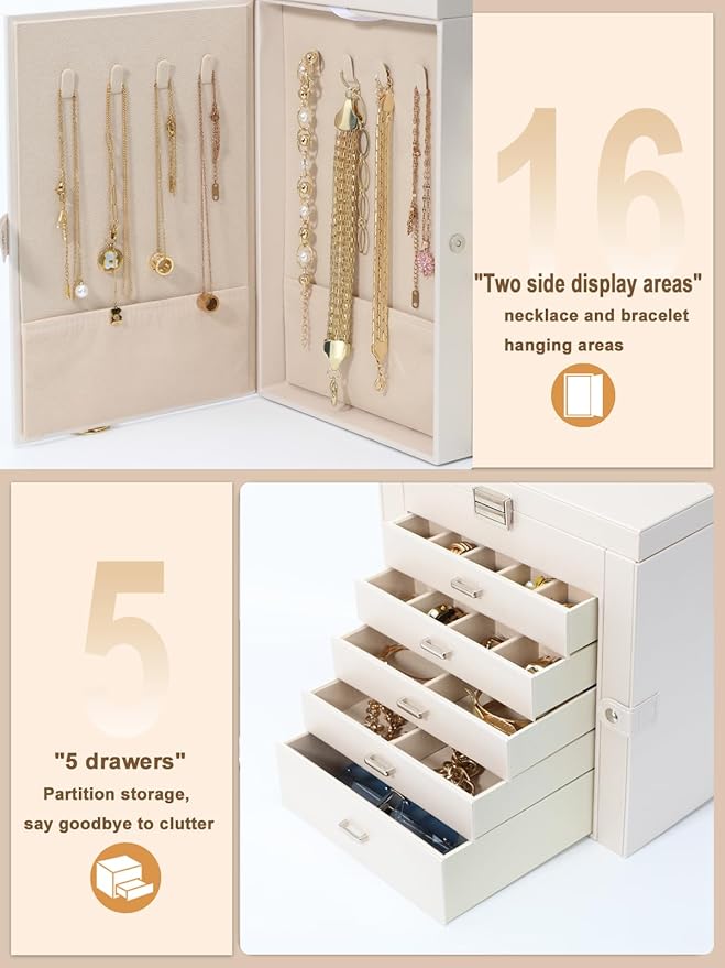 BOOVO Jewelry Box For women, 6 Layer Large Jewelry Organizer With Mirror, Multi-Function Storage Box With Lock, Accessory Holder With 5 Drawers, For Earrings Necklace Ring Bracelet (Pearl White)-CubbioJoy