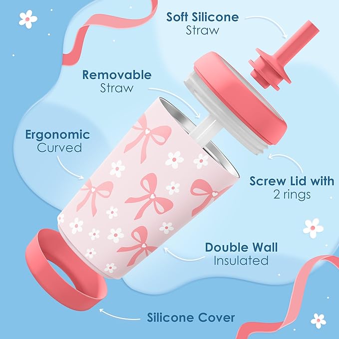 Kid Insulated Stainless Steel Tumbler with Silicone Straw, 12oz Sippy Cup for Kids (Pink Bows)-CubbioJoy