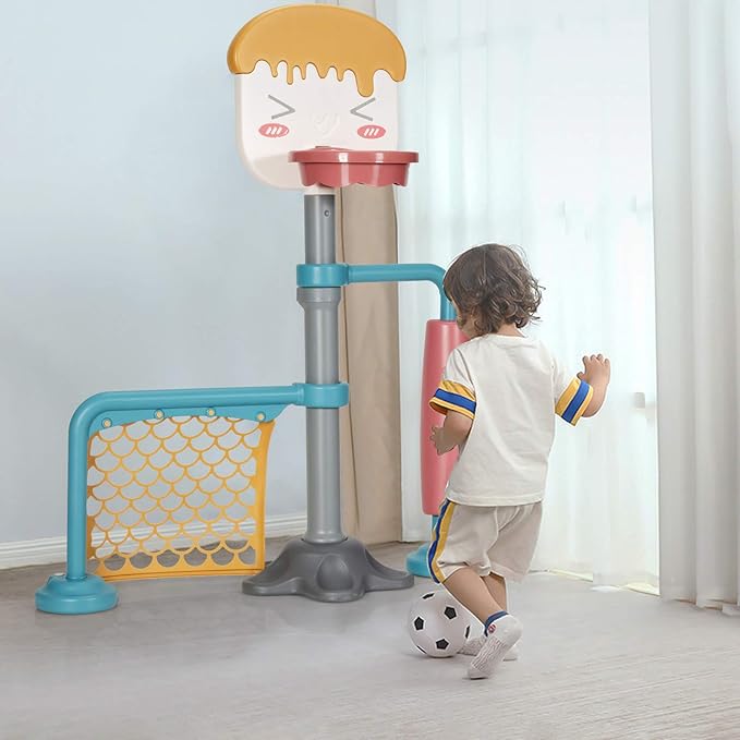 Costzon 3-in-1 Toddler Basketball Hoop & Soccer Goal Stand, Basketball Stand with Adjustable Height, Indoor & Outdoor Activity Center Basketball & Soccer for Kids-CubbioJoy