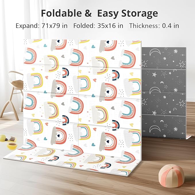 79 x 71 Baby Play Mats for Floor, Foldable Foam Play Mat for Babies 0-12 months,Thick & Waterproof Playmate for Baby, Non Toxic Baby Tummy Time Activity Playmat, Reversible Playpen Mat for Infant Toddlers-CubbioJoy