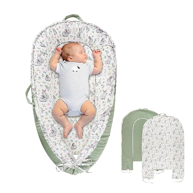 Baby Lounger Cover for Boys Girls, Reversible Baby Nest Cover, Adjustable Baby Lounger Replaceable Cover for Infant Newborn, Portable and Machine Washable, Cotton Green Rabbit Cover Only-CubbioJoy