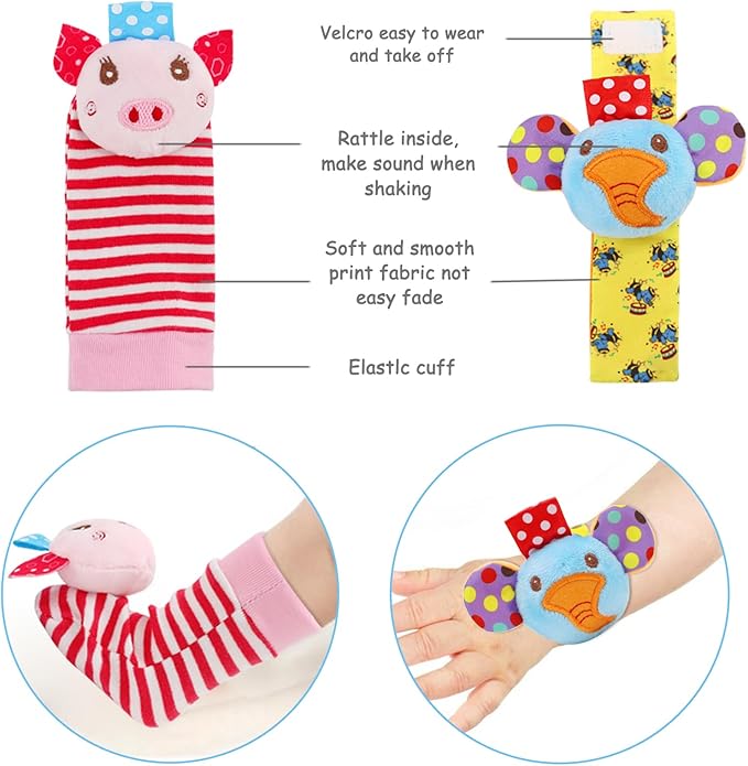 Infant Rattle Socks Toys 0 to 12 Months, Baby Wrist Rattle Foot Finder Socks Set, Birthday Holiday Present for Newborn Boy Girl 0/3/4/6/7/8/9/12/18 Months Kids Toddler, Gift Box Package (4A)-CubbioJoy