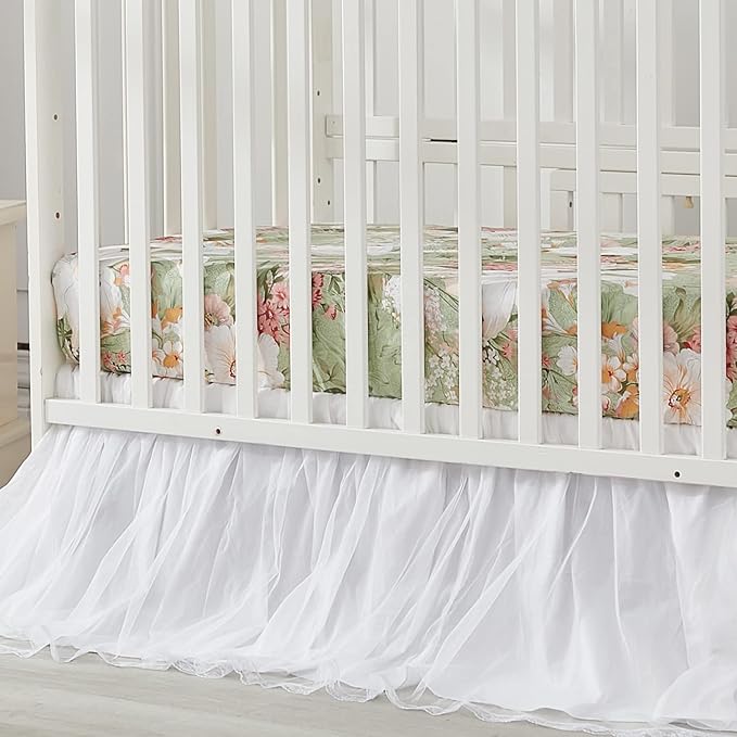 Brandream Crib Bedding Sets for Girls Garden Floral Nursery Set 3-Piece | Ruffled Baby Comforter, Crib Sheet and Tulle Lace Crib Bed Skirt, Green White-CubbioJoy