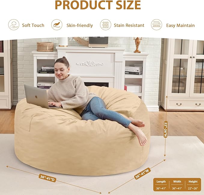 3FT Bean Bag Chair, Comfy Bean Bag Chairs with Memory Foam Filled, Fluffy Beanbag Sofa with Dutch Velvet Cover, Round BeanBag Chairs for Living Room, Playroom - Khaki-CubbioJoy