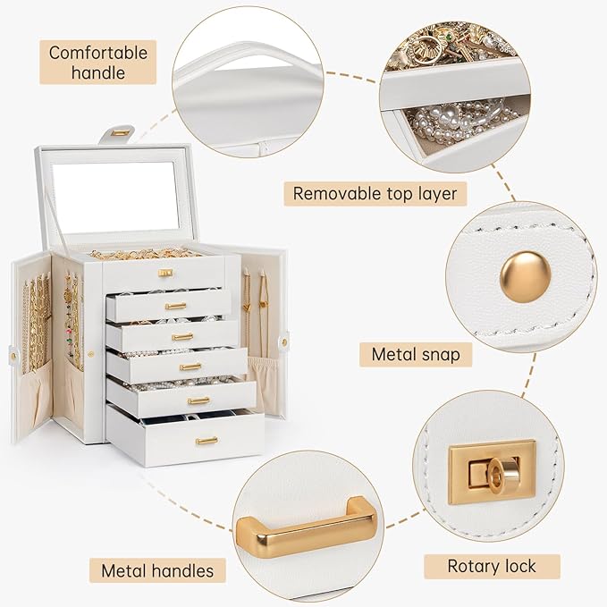 AKOZLIN 6-Tier Jewelry Box Organizer Functional 5 Drawers Leather Jewelry Storage Case for Women Girls Ring Necklace Earring Bracelet Holder Organizer with Mirror White-CubbioJoy