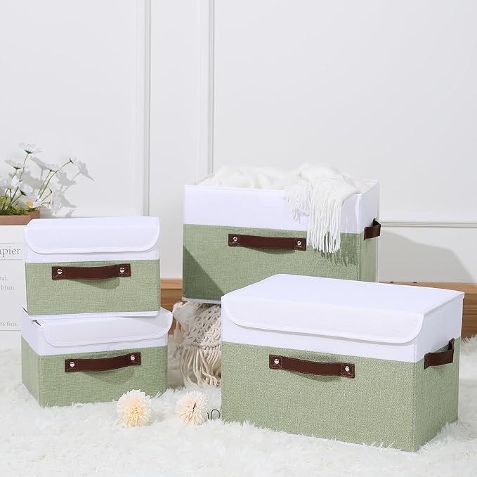 ANMINY 4PCS Storage Boxes with Lid Washable Decorative Storage Bins Basket with PU Leather Handle Foldable Linen Fabric Storage Cubes Containers for Home Closet Organizer - Green White, Small Size-CubbioJoy