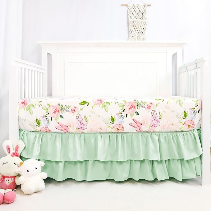 4-Piece Crib Bedding Set, Baby Girl Crib Bedding Set Butterflies Floral Nursery Bedding Set Includes Comforter, Fitted Crib Sheet, Crib Skirt, and Diaper Stacker, Green & Pink-CubbioJoy