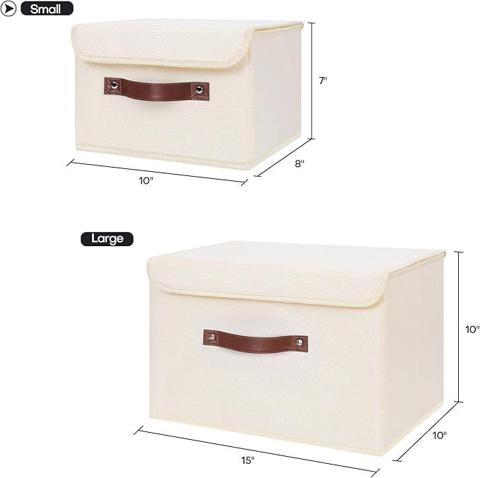 ANMINY Storage Bin with Lid Storage Boxes with PU Leather Handles PP Plastic Board Decorative Foldable Lidded Cotton Linen Fabric Home Cubes Baskets Closet Organizer Container - Beige, Small Size-CubbioJoy