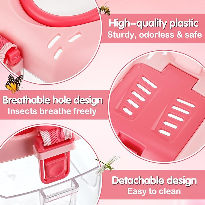 2Sets Bug Catcher for Kids- Sturdy Kids Bug Catching Kit Gifts with Collector Butterfly Net Tweezer, Bugs Habitat Outdoor Explorer Kit for Age 3 4 5 6 7 8, 8Pcs, Pink-CubbioJoy