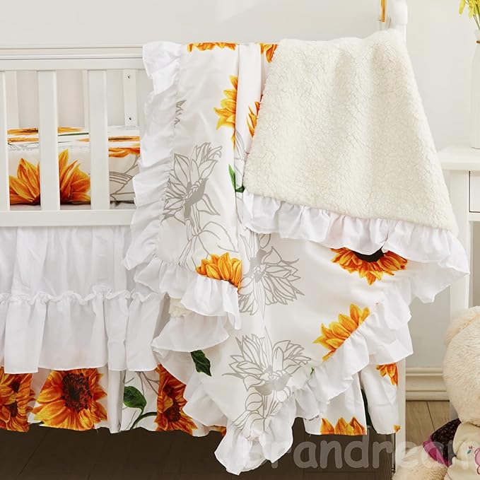 Brandream Girls Floral Nursery Bedding Yellow White Crib Bedding Sunflower Baby Blanket 3 Piece,Farmhouse Fitted Sheet, Ruffle Skirt-CubbioJoy