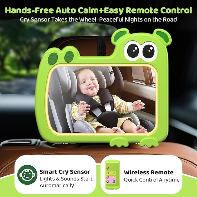 2-in-1 Baby Car Mirror with Lights & Soft Sounds, Cry Detector, Clear Night View, 360° Rotation, Shatterproof, Rear Facing Baby Car Seat Mirror with Remote Control, Perfect Baby Shower Gifts (Green)-CubbioJoy