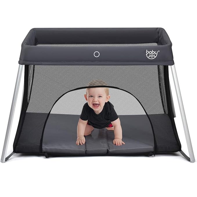 BABY JOY Baby Foldable Travel Crib, 2 in 1 Portable Playpen with Soft Washable Mattress, Side Zipper Design, Lightweight Installation-Free Home Playard with Carry Bag, for Infants & Toddlers (Grey)-CubbioJoy