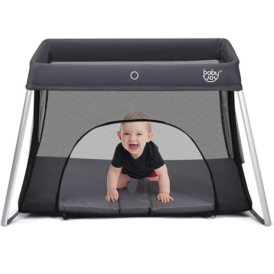 BABY JOY Baby Foldable Travel Crib, 2 in 1 Portable Playpen with Soft Washable Mattress, Side Zipper Design, Lightweight Installation-Free Home Playard with Carry Bag, for Infants & Toddlers (Grey)-CubbioJoy