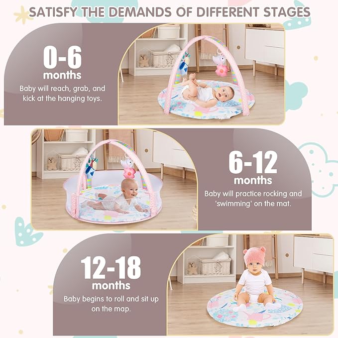 Activity Gym, Baby Play Gym Mat for Toddlers, 0-18 Months Tummy Time Play Mats, Infant Play Gym with Detachable Toys for Sensory Exploration and Motor Skill Development, PM2407-CubbioJoy