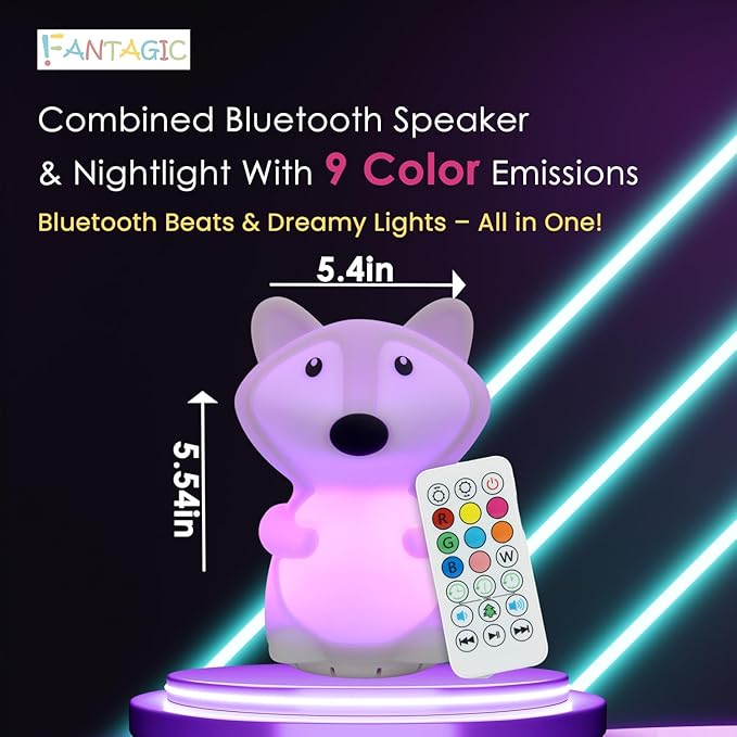 Combined Bluetooth Speaker & Nightlight With 9 Color Emissions, Child Friendly Silicone & BPA Free, USB Recharging, Receives Audio From Computer, Phone Or Tablet, and includes Remote Control (Fox)-CubbioJoy