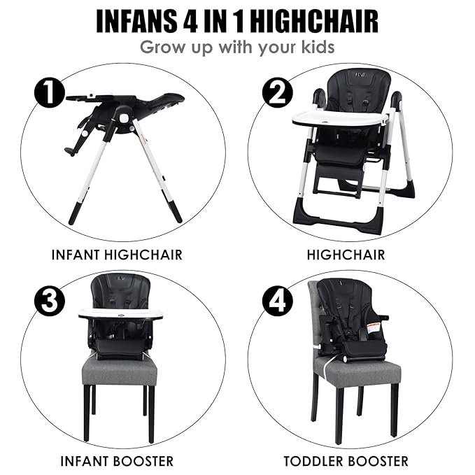 INFANS 4 in 1 High Chair–Booster Seat, Convertible Highchair w/Adjustable Height and Recline,Removable Tray,DetachableCushion, Installation-Free,Simple Fold for Baby, Infant& Toddler-CubbioJoy