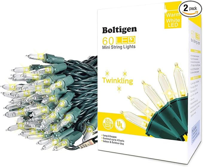 60 LED Warm White Twinkle Christmas String Lights Plug in, 15 of 60 Lights Twinkle,Connect up to 45 Sets,UL Certified 22 Ft Mini Twinkling Christmas Tree Lights,Indoor Outdoor Use-CubbioJoy