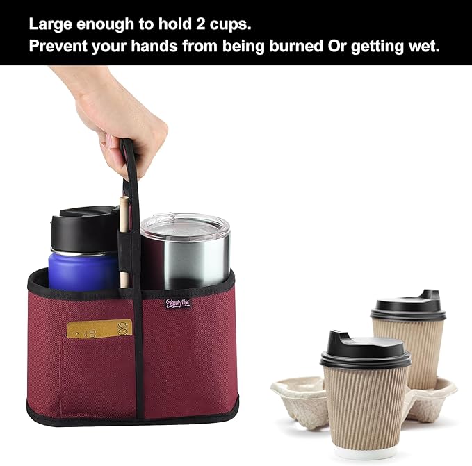 Beautyflier Drink Carrier with Handle for Delivery Reusable Insulated Coffee Cup Carrier Portable 2 Cup Holder with Handle Organizer Tote Bag for Hot & Cold Drinks, Red-CubbioJoy