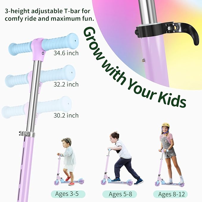 BELEEV V2 Scooters for Kids with Light-Up Wheels & Stem & Deck, 2 Wheel Folding Scooter for Girls Boys, 3 Adjustable Height, Non-Slip Pattern Deck, Lightweight Kick Scooter for Children Ages 3-12-CubbioJoy