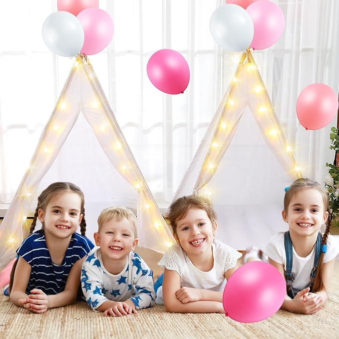 8 Pack Sleepover Tent for Girls Party,Teepee Tent for Kids Slumber Party Bulk with Light String,Air Mattress,Fitted Sheet,Washable Natural Cotton Toddler Teepee Indoor Outdoor(White)-CubbioJoy