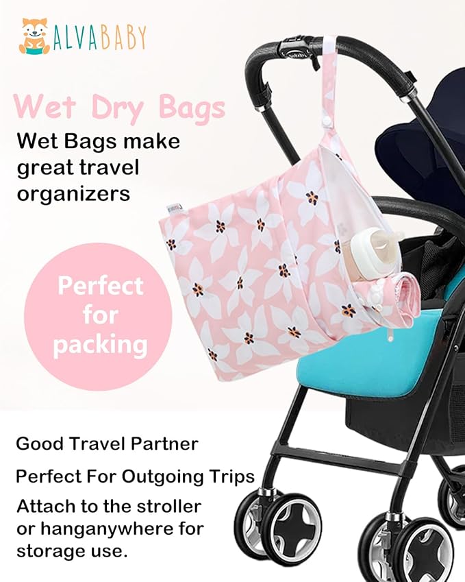 ALVABABY 3 Cloth Diaper Wet Dry Bags Waterproof Reusable with Two Zippered Pockets Travel Beach Pool Daycare Soiled Baby Items Yoga Gym Bag for Swimsuits or Wet Clothes Small Medium Large 3L-ZM26-CubbioJoy