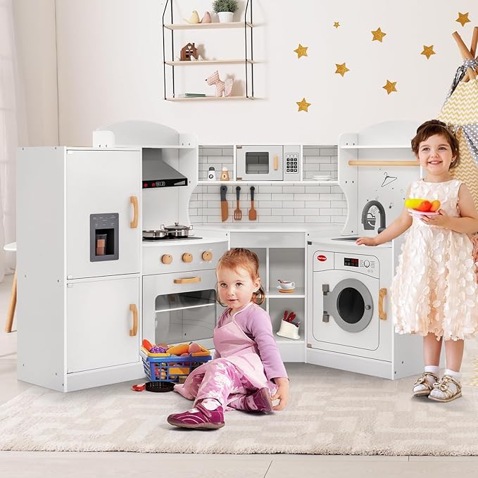 Costzon Corner Kids Kitchen Playset, Wooden Play Kitchen with Sounds & Lights, Washing Machine, Range Hood, Ice Maker, Microwave, Oven, Sink, Pretend Toy Kitchen Set for Toddler, Gift for Boys Girls-CubbioJoy