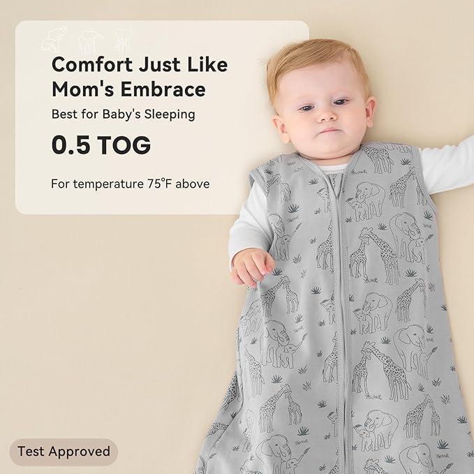 Baby Sleep Sack 12-18 Months 0.5 Tog Wearable Blanket Baby, 3 Pack 100% Cotton Lightweight Sleeping Sack with 2-Way Zipper for Infant Toddler Apricot Gray Green Elephant-CubbioJoy